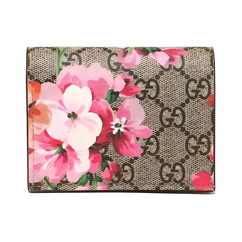 Gucci GG Blooms Presbyopia Logo Bi-fold Flap Geranium Print No Zipper Canvas Patch Leather Card Holder Wallet Women's Ebony/Pink