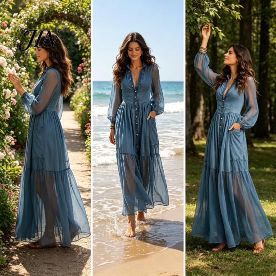 Comfortable Women Dress Faux Denim Maxi Dress, Mesh Patchwork Long Sleeve Button Down Shirt Casual Loose Vintage Summer Versatile