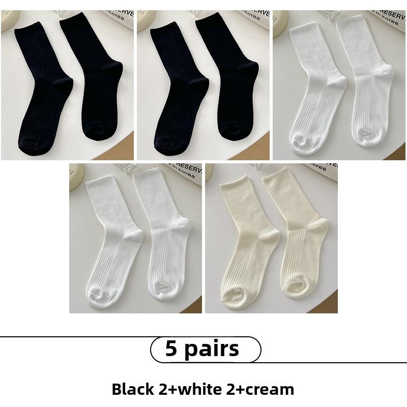 5 Pairs of Women's Trendy Solid Color Vertical Striped Mid Tube Stack Socks