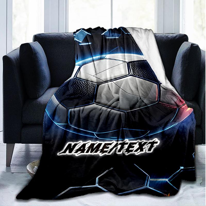 1PC Custom Name Futuristic Soccer Ball Outdooor Flannel Blankets Throw Blanket All-Season Throw Gift Bedspread for Couch, Bed, Camping Holiday Birthda