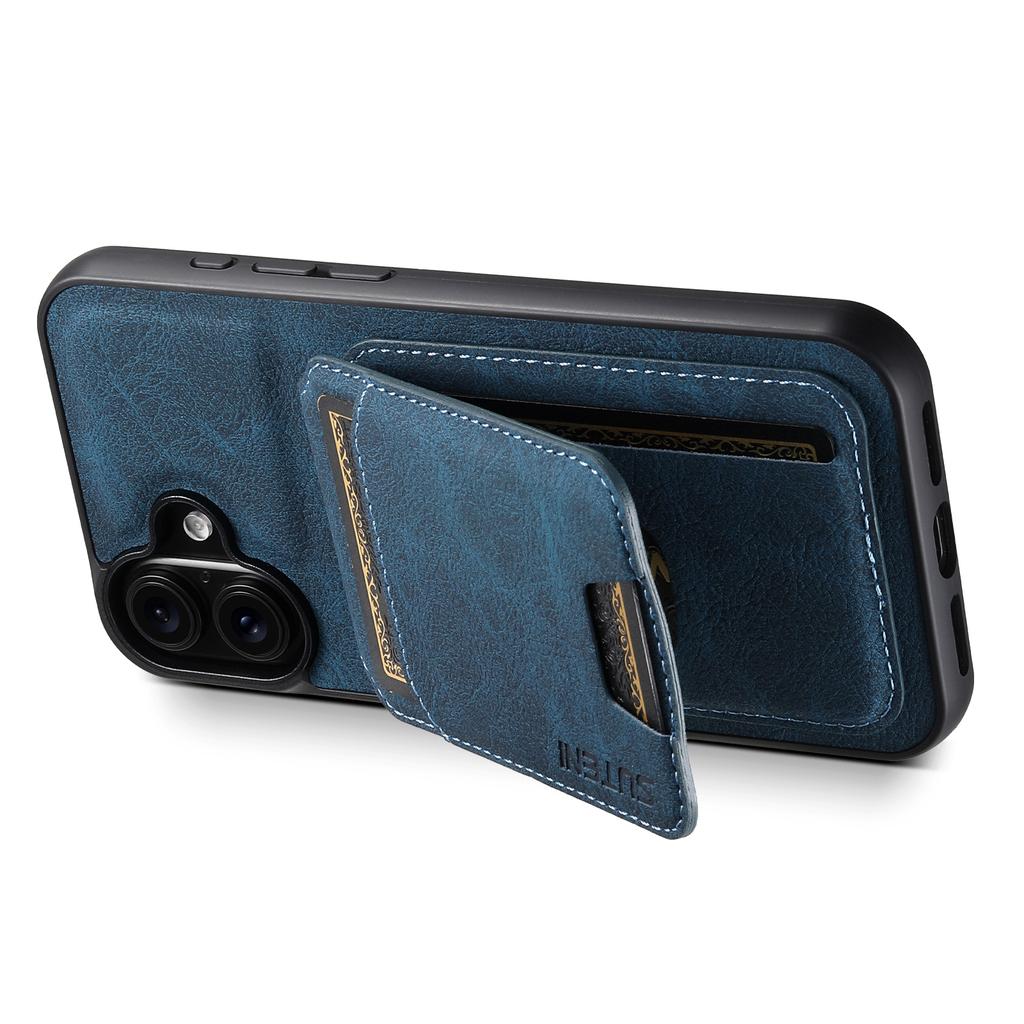 SUTENI H02 For iPhone 16 Case Card Slots Kickstand Litchi Texture Leather+TPU Cover