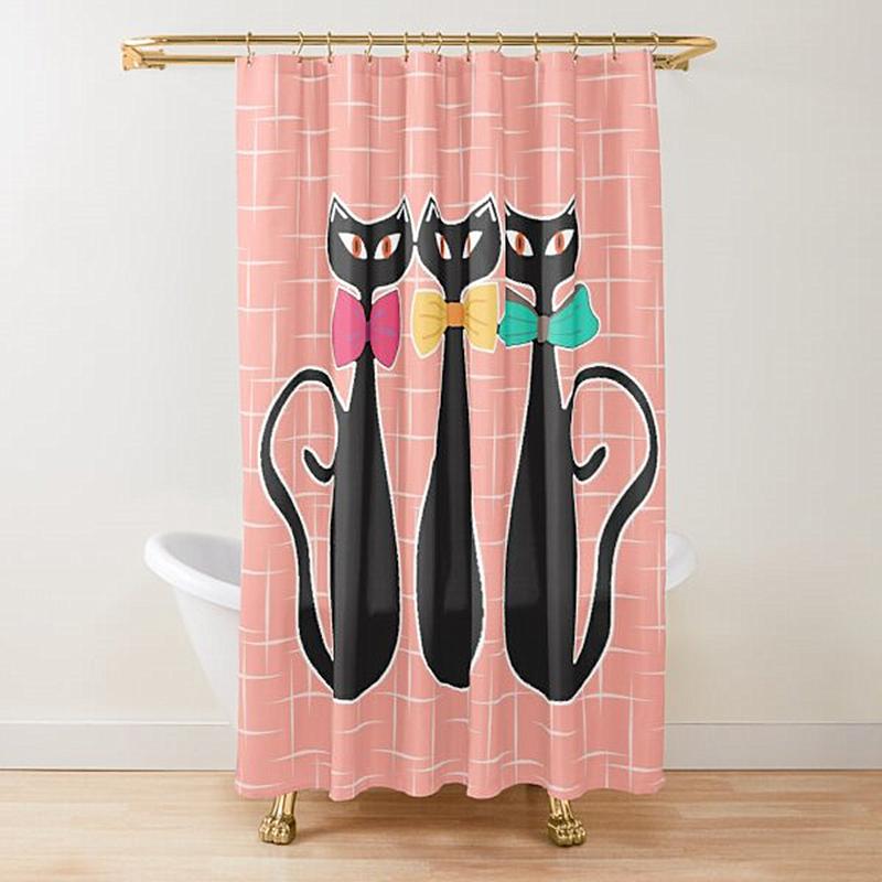 Mid Century Meow Shower Curtain Retro Atomic Cats Shower Curtain Kitty Animal Vintage Bathroom Decor Fabric Curtain With Hooks