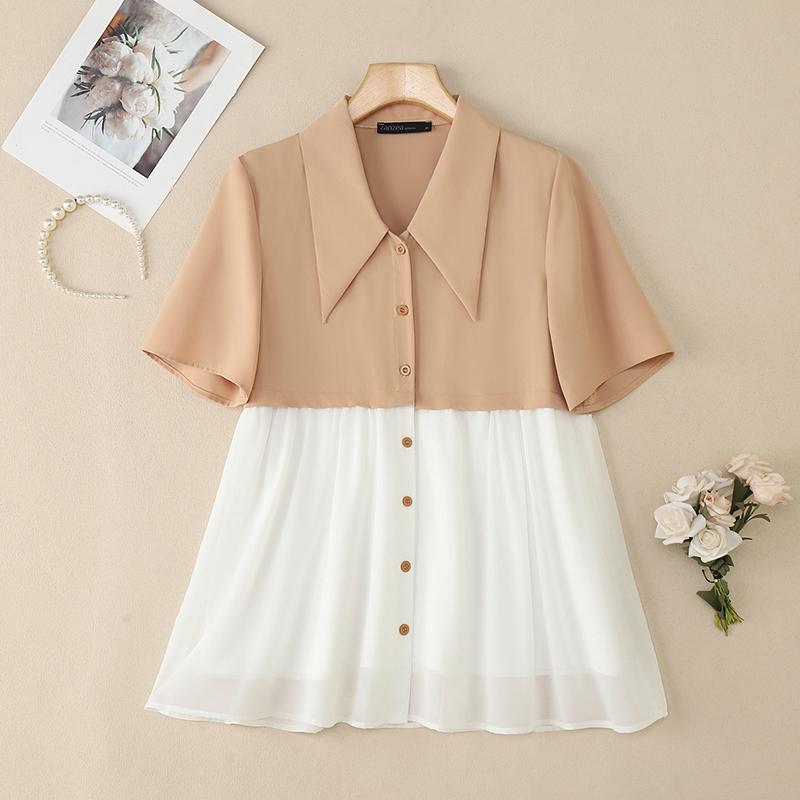 ZANZEA Women Lapel Neck Short Sleeve Patchwork Casual Loose Blouse