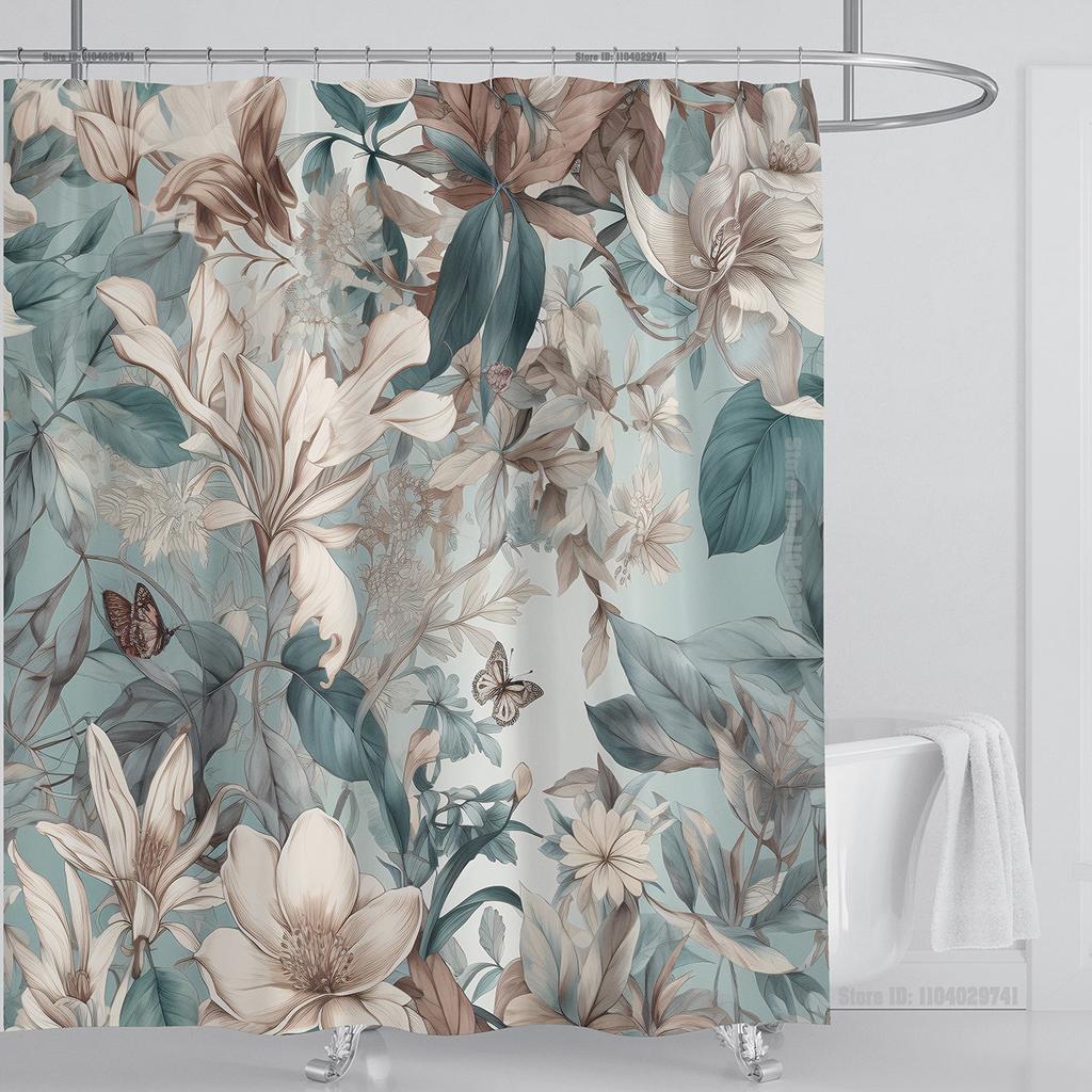 Aquatic Plants Floral Shower Curtain Waterproof Shower Curtain Polyester Fabric 3D Printed Curtain Bathroom Decoration With Hook