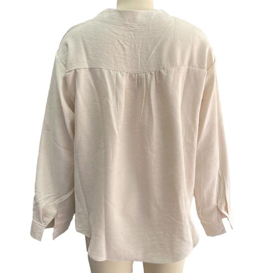 Women Shirt V-Neck Buttons Half Placket Long Sleeve Pullover Tops Solid Color Loose Fit Pleated Tops Casual Tee Daily Wear