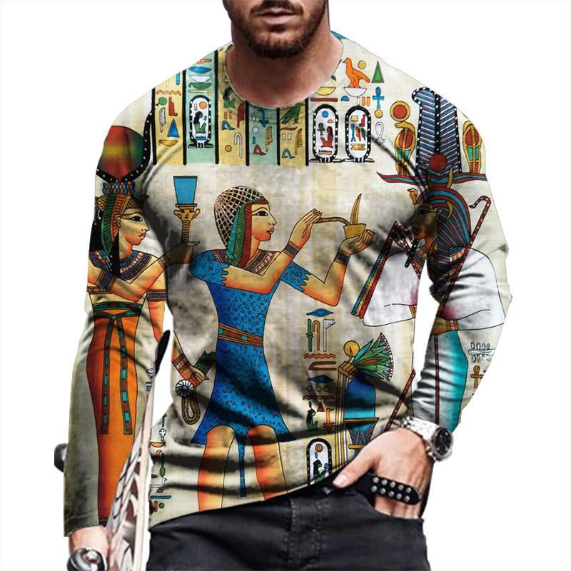 Pánská trička se vzorem egyptských hieroglyfů Vintage 3D potištěná trička Letní ležérní s dlouhým rukávem Volná s kulatým výstřihem
