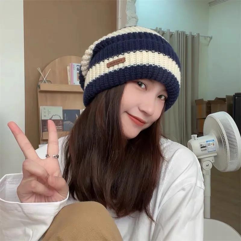 Soft Knit Skullies Beanies for Women Slouchy Winter Hat Fashion Stripe Stitching Beanie Female Streetwear Cap Warm