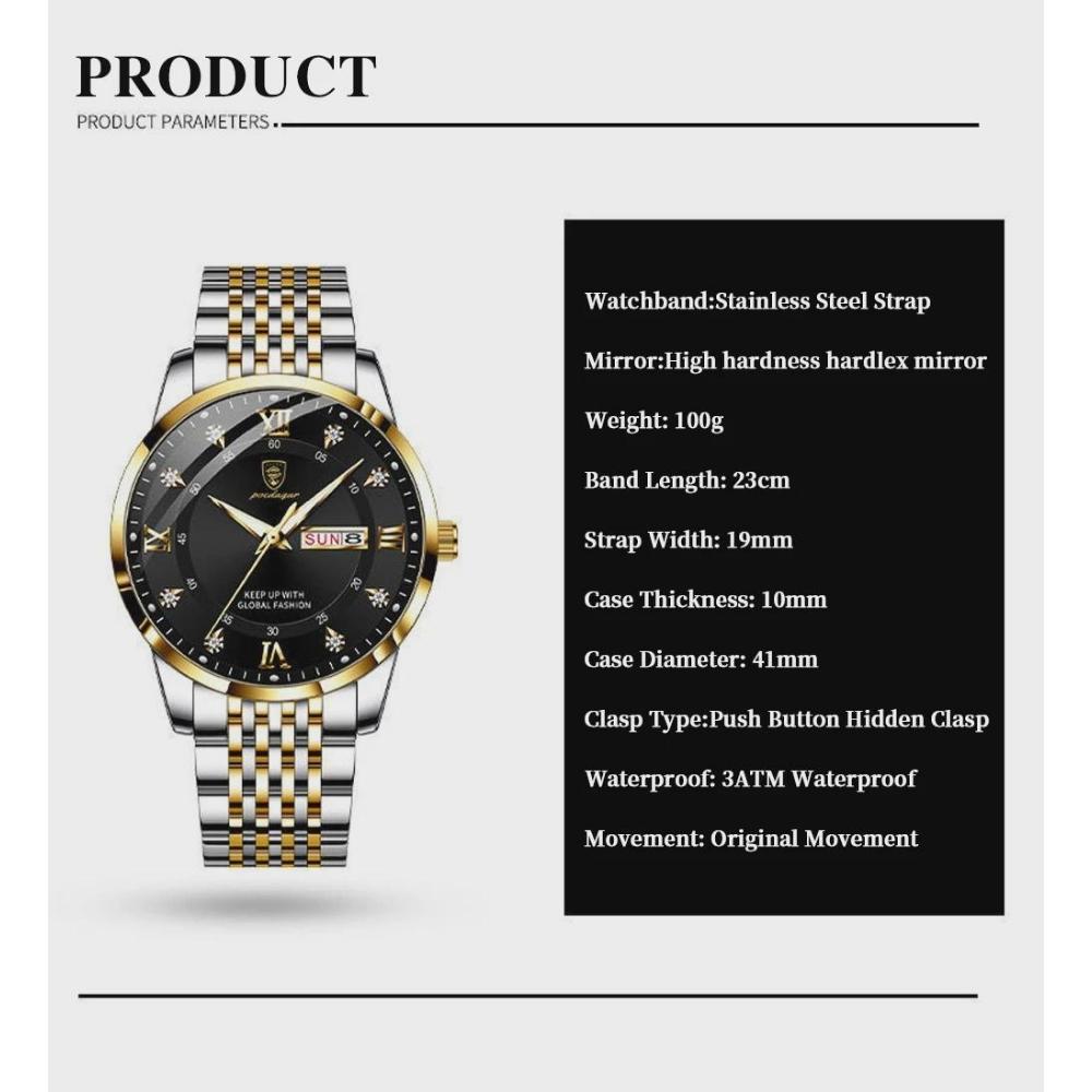POEDAGAR Luxury Business Man Watch Stainless Steel Week Date Men's Wristwatch Waterproof Luminous Fashion Quartz Watches for Men