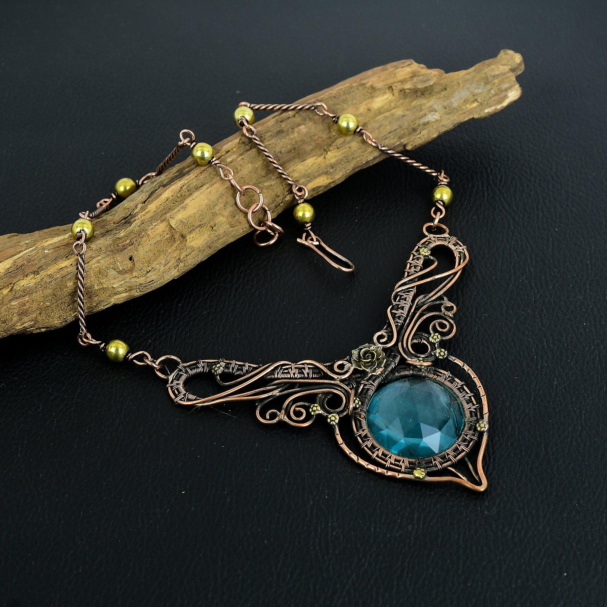 

Ожерелье из швейцарского голубого топаза, ювелирное изделие с драгоценным камнем, ожерелье, обернутое медной проволокой 999 пробы, регулируемое, ручной работы, красивое ожерелье-цепочка