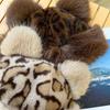 Retro Leopard Print Plush Cat Ears Beanie Women Mongolian Hat Thicken Hat Winter Warm Fluffy Fur Bucket Hat
