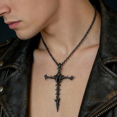Gothic Skull & Cross Pendant Necklace, Hip Hop Retro Distressed Punk Jewelry for Men Women