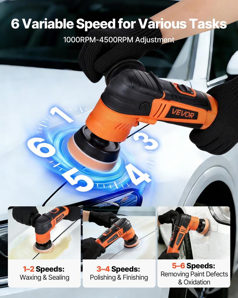 Car Buffer Polisher, 30/50/76 mm Rotary Polisher Buffer, 600W 6 Variable Speeds 1000-4500RPM Car Polisher Waxer Kit for Cars Detailing, Waxing,