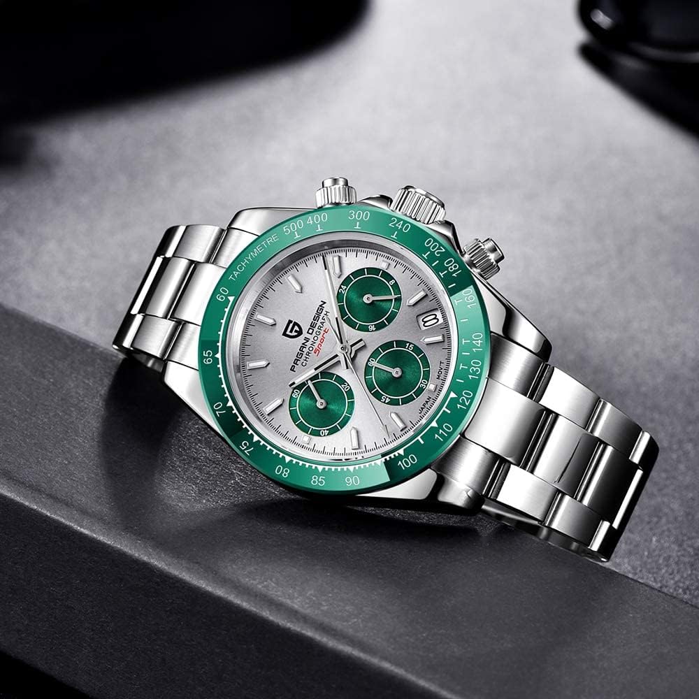 Pagani Design Men's Watch Seiko Quartz Movement Chronograph Waterproof Ceramic Bezel Stainless Steel Strap Green