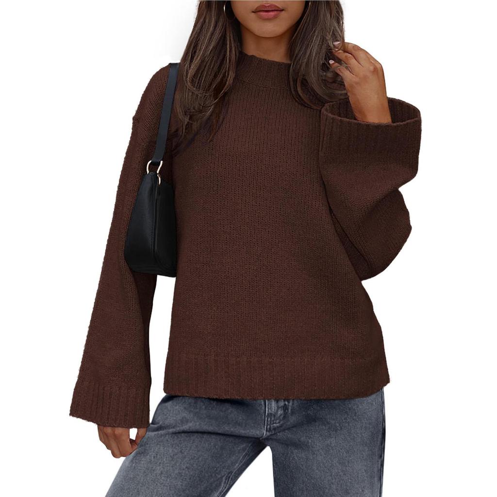 Womens Loose Round Neck Solid Color Bell Sleeve Long Sleeve Knitted Sweater Top