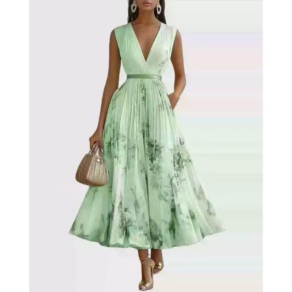 European and American Autumn and Winter Women's Clothing Printed V-neck Sleeveless Fashion Pleated Dress Long Dress Women