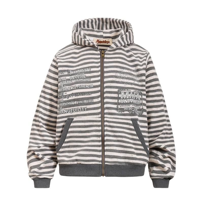 American Vintage Striped Zip Up Hoodie Men Women Distressed Print Rhinestone Loose Casual Jacket
