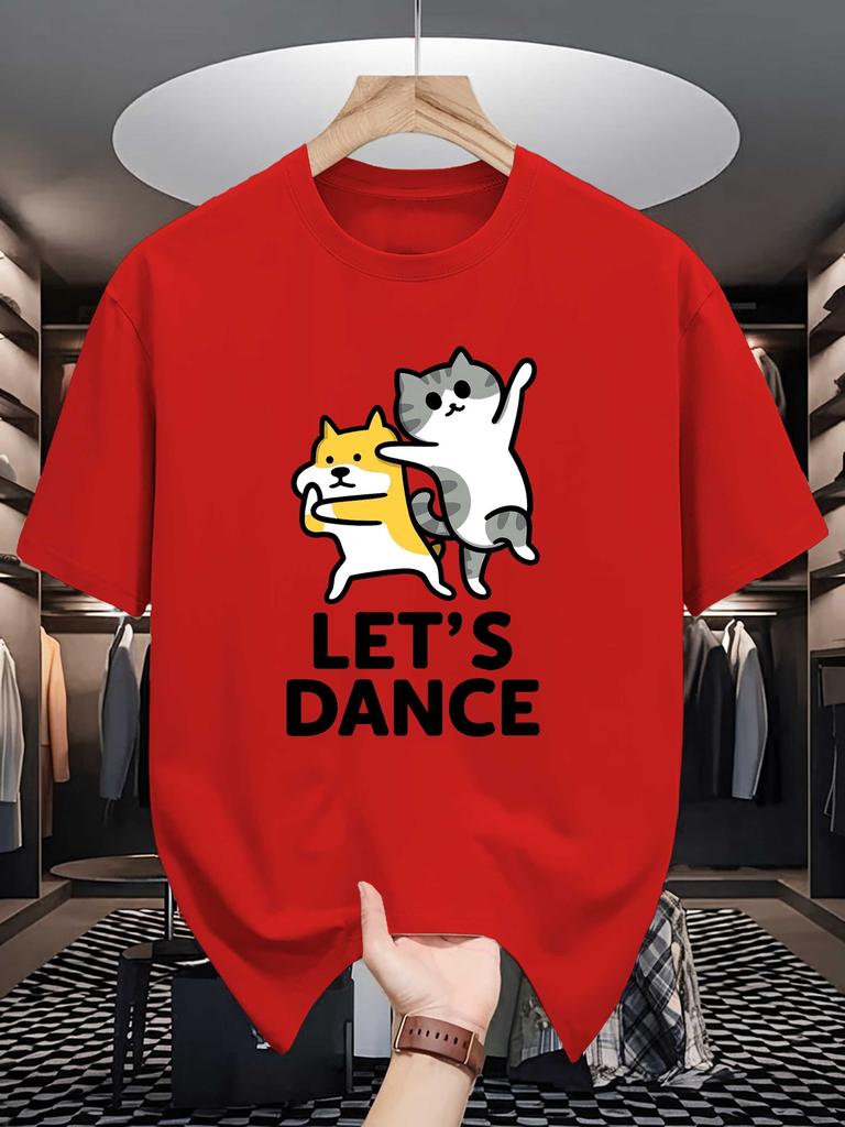 Unisexs Crew Neck T Shirt Funny Lets Dance Dancing Cat Dog Cartoon Pet Graphic Short Sleeve Casual Cotton Trendy Summer Tops