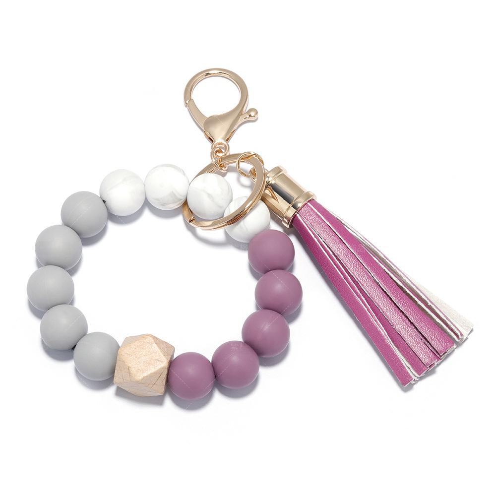 Elegant Silicone Bead Keychain Bracelet with Leather Tassel - Women's European and American Style