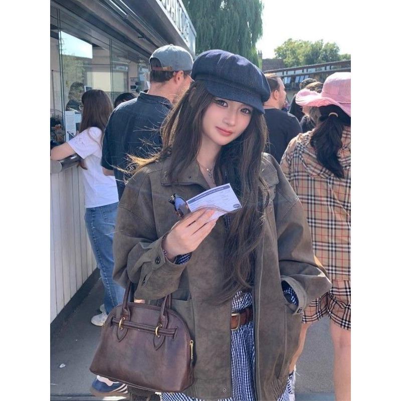 Autumn Casual Short Women Faux Suede Leather Jacket Vintage Biker Coat Loose Fit Retro Style