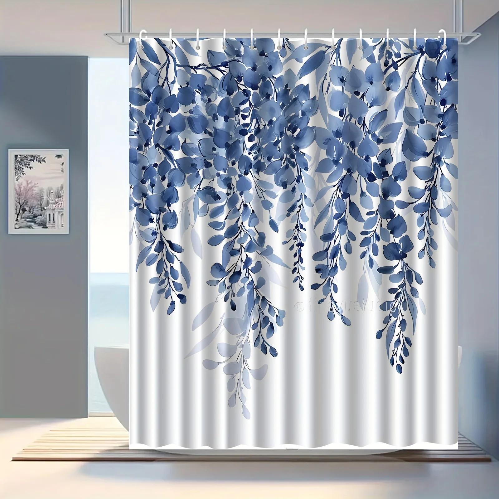 

1pc Blue Flower Vine Pattern Printed Shower Curtain for Home Bathroom Decoration with Hooks, Polyester Fabric, Machine Washabl 90x180cm