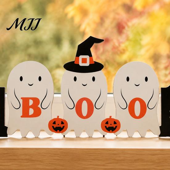 Kids Room Halloween Decorations Cute Ghost Wooden Decor, BOO Pumpkin Witch Tabletop Ornament Table for Desk Shelf, Soft Spooky Home