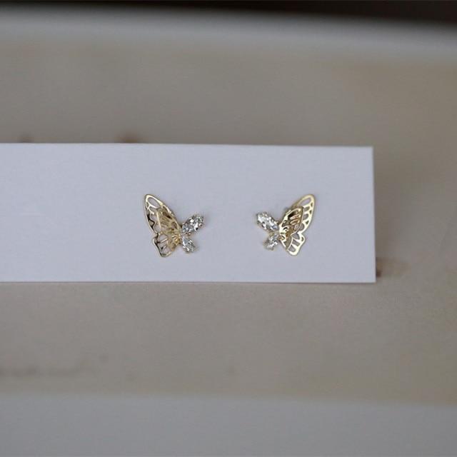 Color Plating 14K Gold Tone Korean Gathering Jewelry Crystalline Butterfly Stud Earrings Women Personality CelebrationPersonality золотой