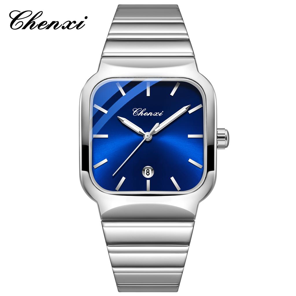 Chenxi Business Casual Square Quartz Men's Watches Stainless Steel Date Calendar Noctilucent Fashion Male Waterproof Watch Gifts