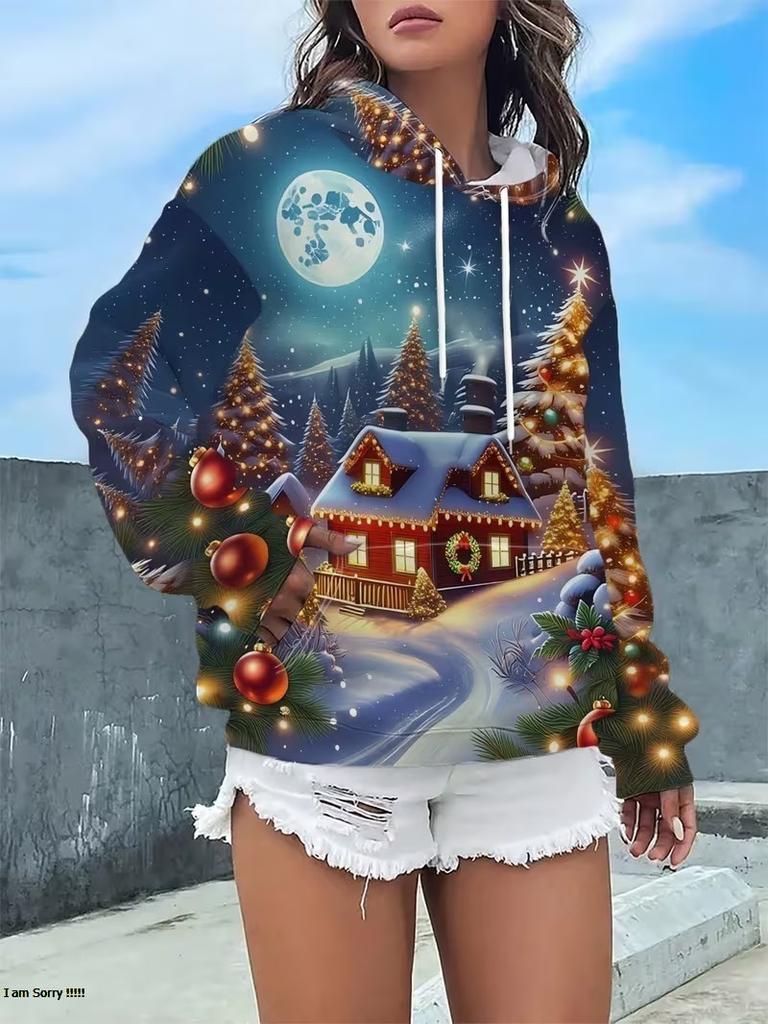 New autumn and winter long sleeved warm hoodie, 3D Christmas printed pullover, long sleeved hooded casual top
