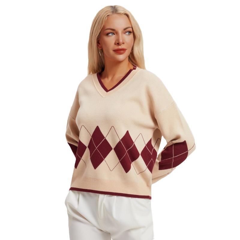 Early Autumn V-Neck Diamond Knit Sweater for Women