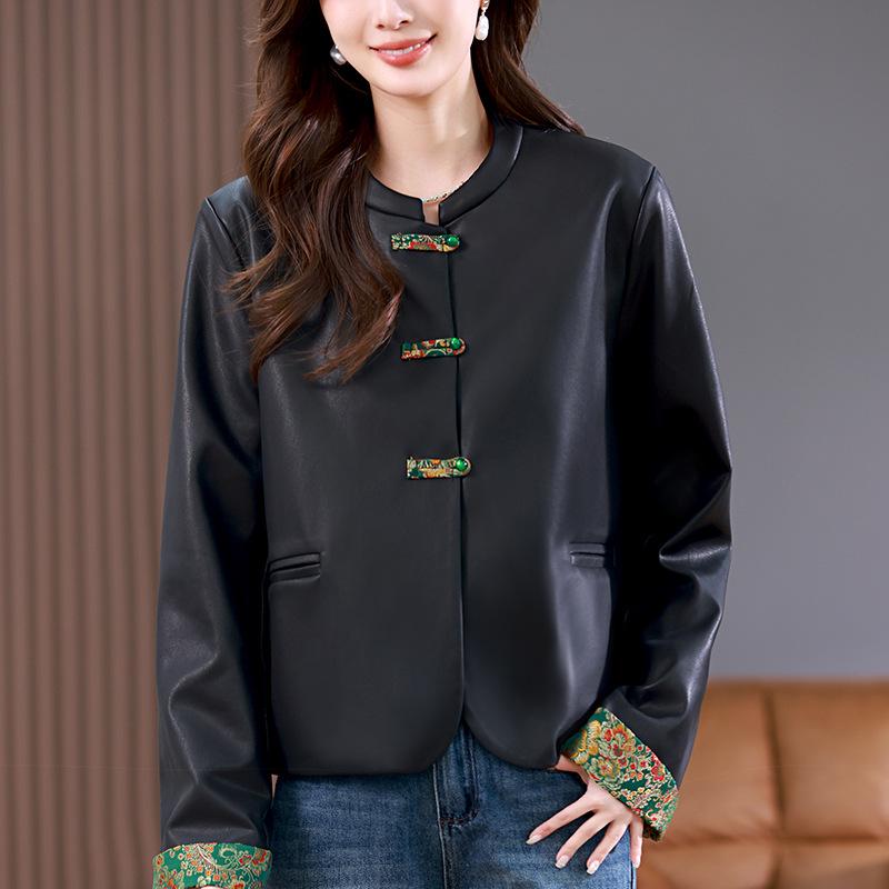 

2024 Women s Spring & Autumn Chinese Style Leather Jacket with Frog Buttons Medium