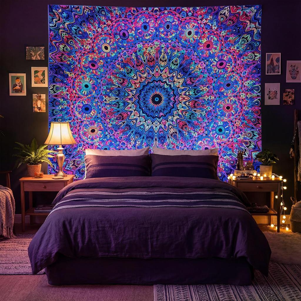 PRRPRR Blacklight Mandala Tapestry for Bedroom, UV Reactive Trippy Wall Tapestry, Bohemian Aesthetic Wall Art Decor for Adults Teens and