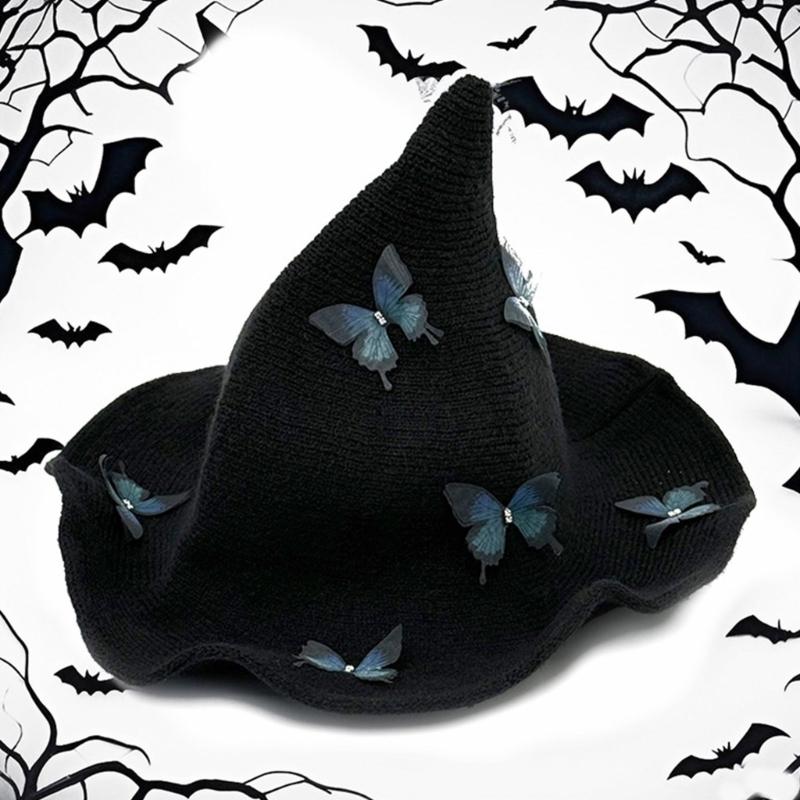 Halloween Knitted Witch Hat with Lovely Butterfly Accent Witch Costume Hat for Adults Costume Parties