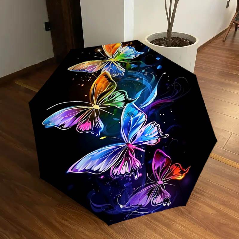 

Colorful Butterfly Auto-Open Close Umbrella - Portable Tri-Fold Design with 8-Bone Iron Frame, Perfect for Outdoor, Festive Gifts, Fans, Tra