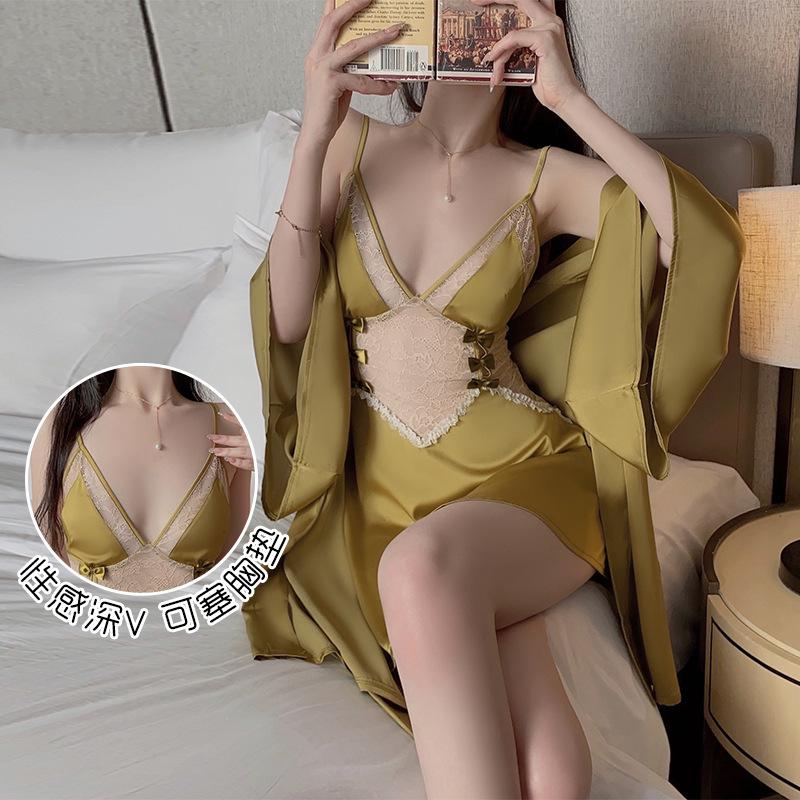 Women's Lace Sheer Deep V Push Up Padded Sleep Dress with Robe Lounge Set