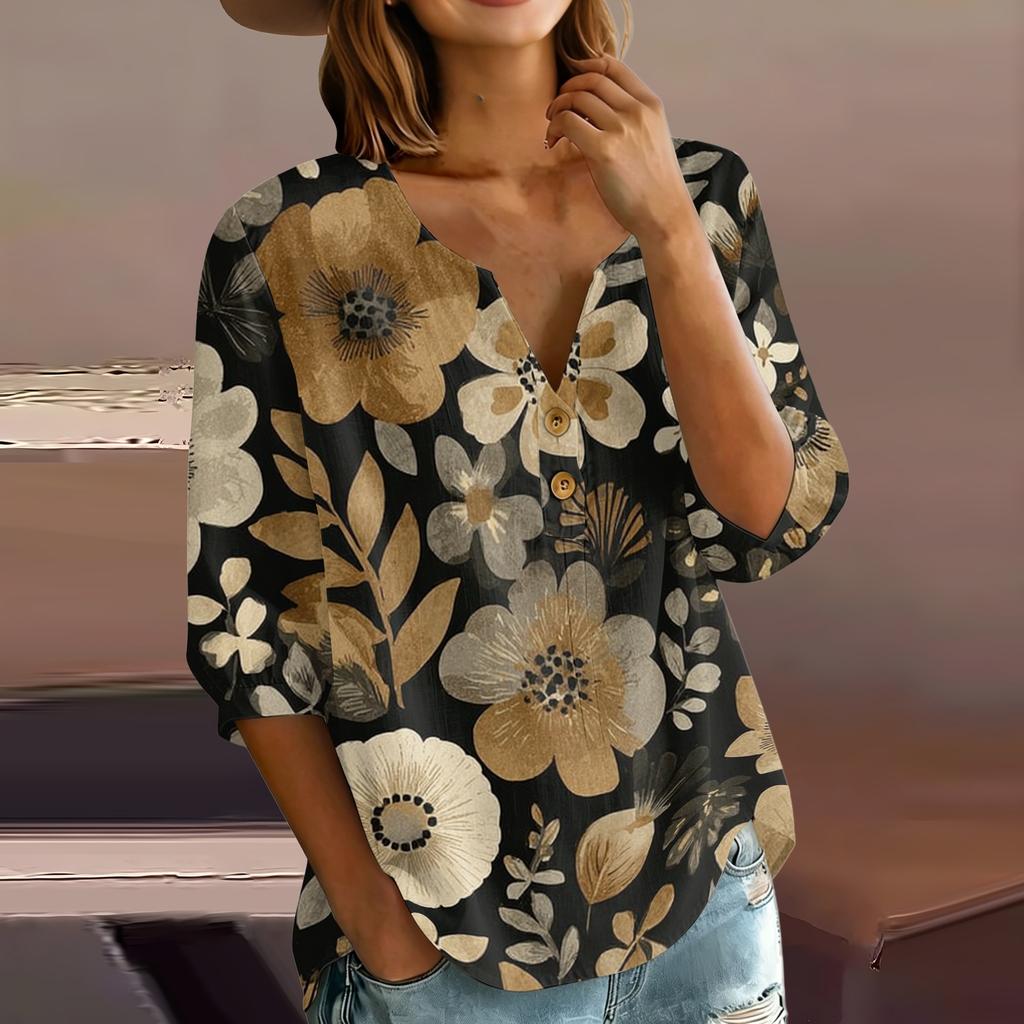 Women’s Casual Floral Print Henley Neck Cotton Linen Shirt Three Quarter Sleeve Button Front Loose Fit Blouse Top