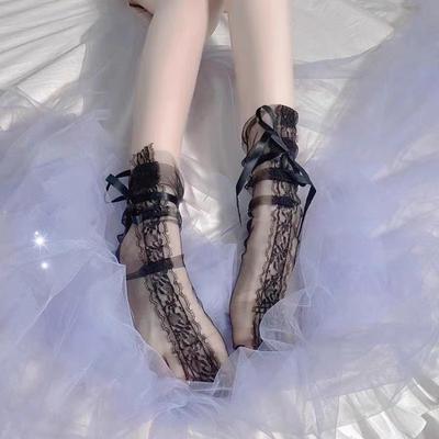 Women's Sexy Transparent Mesh Eyelash Lace Socks.Ladies Ultra-Thin Princess Gauze Socks Bow Sox Female Meias
