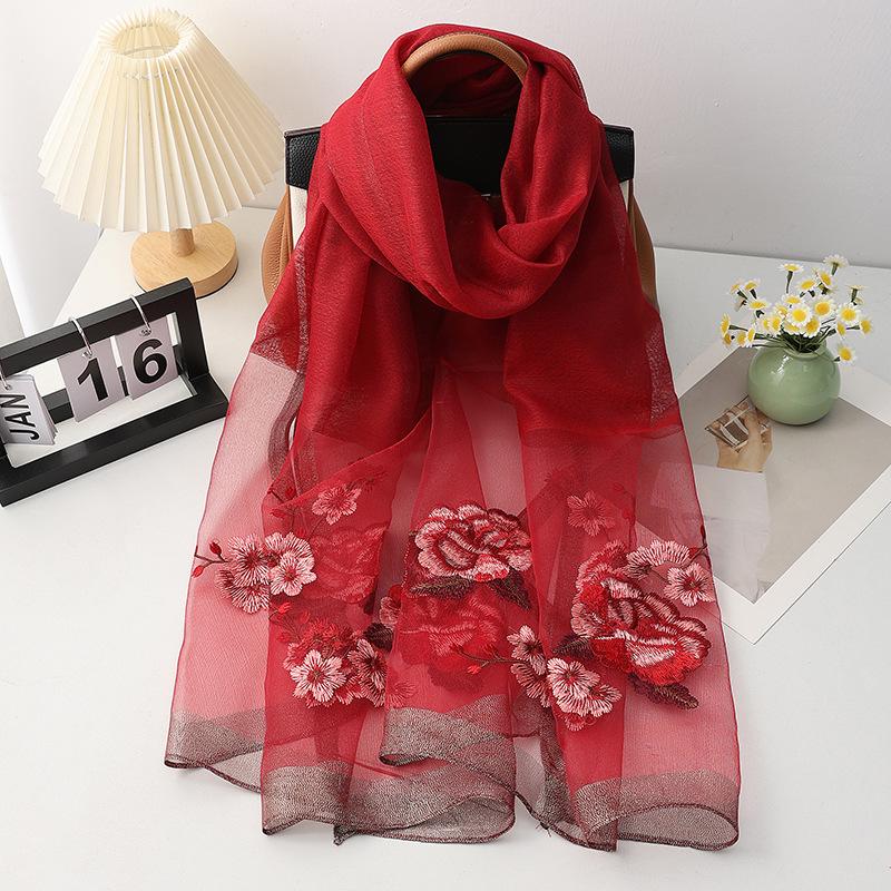 Four Season Silk Wool Scarf Women Hijab Pashmina Shawls Wrap Bandana Blanket Floral Pashmina Embroidery Scarves Foulard Femme