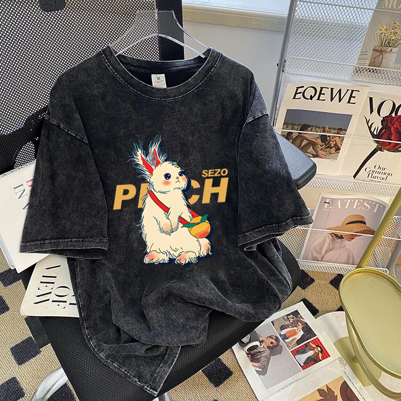 

Женская американская футболка с мультяшным принтом, стираная, летняя, в стиле High Street - Корейский стиль, потертая, свободный крой L чёрный