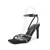 A-33 2025 Summer Premium Open-toed Square Head Silver Rhinestone Versatile French One-word Strap High Heel Sandals Women
