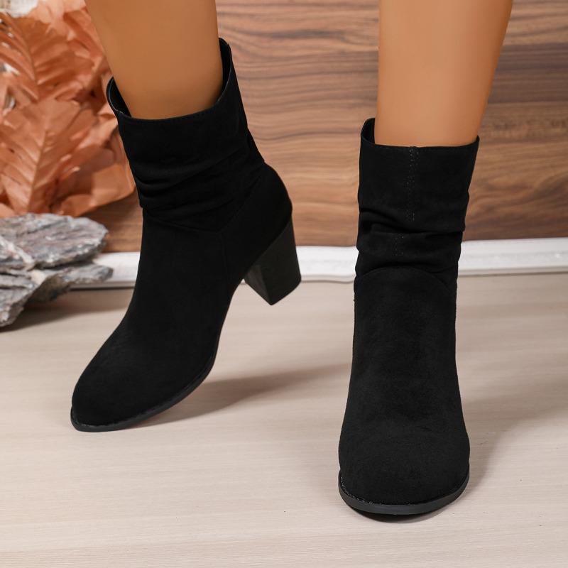 

Модные женские полусапоги Осень/Зима 2025 Новые с острым носком, плиссированным голенищем и высоким каблуком 42 чёрный