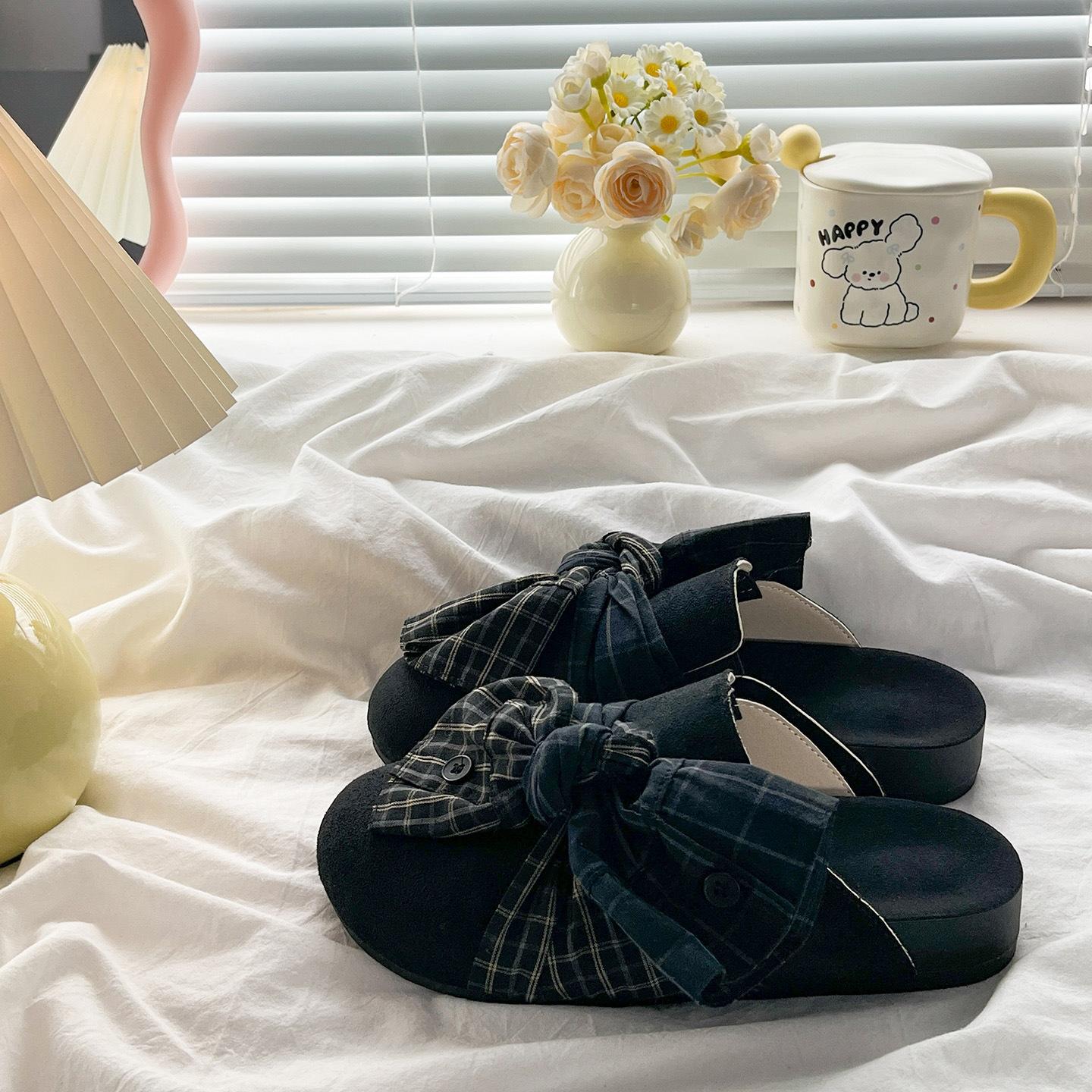 

Summer new retro plaid bow baotou half slippers women s outer wear casual one-pedal lazy sandals 40 чёрный