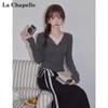 La Chapelle Women's V-neck Faux Two-Piece Lace Knit Top