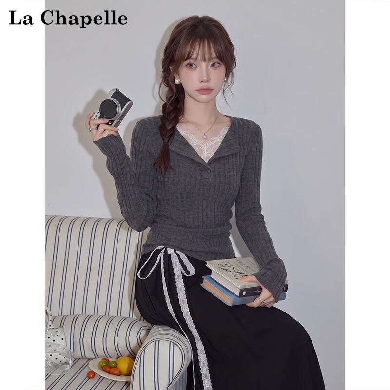 La Chapelle Women's V-neck Faux Two-Piece Lace Knit Top