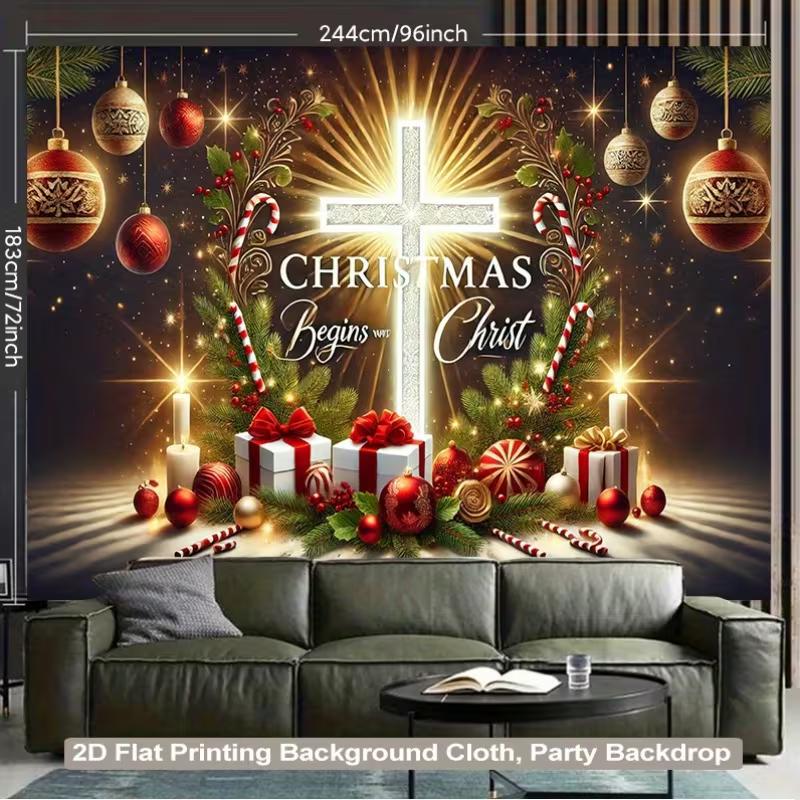 2D Christmas Begins With Christ Cross Backdrop, Religious Holiday Party Photography Banner