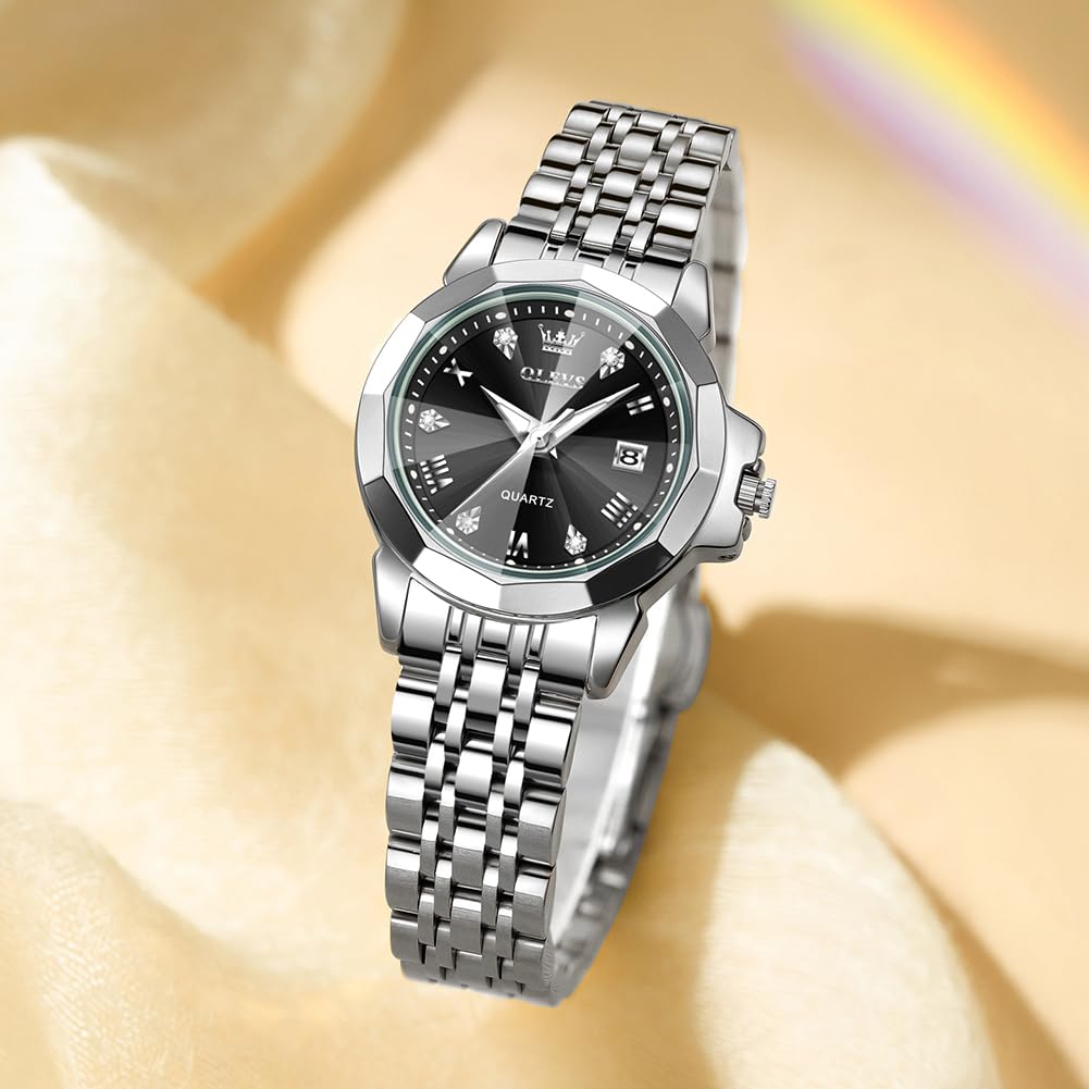 OLEVS Women's Quartz Watch with Scent, Lightweight, Stainless Steel, Date Display, Diamonds, Waterproof, Luminous, Gift, Fragrance Watch, Black