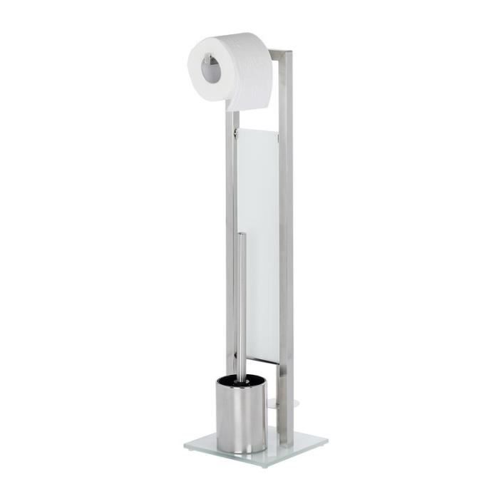 WENKO Serviteur WC 2en1, Rivalta, Brosse WC et dérouleur papier toilette, Acier Inox et verre trempé, 18x70x23 cm, mat