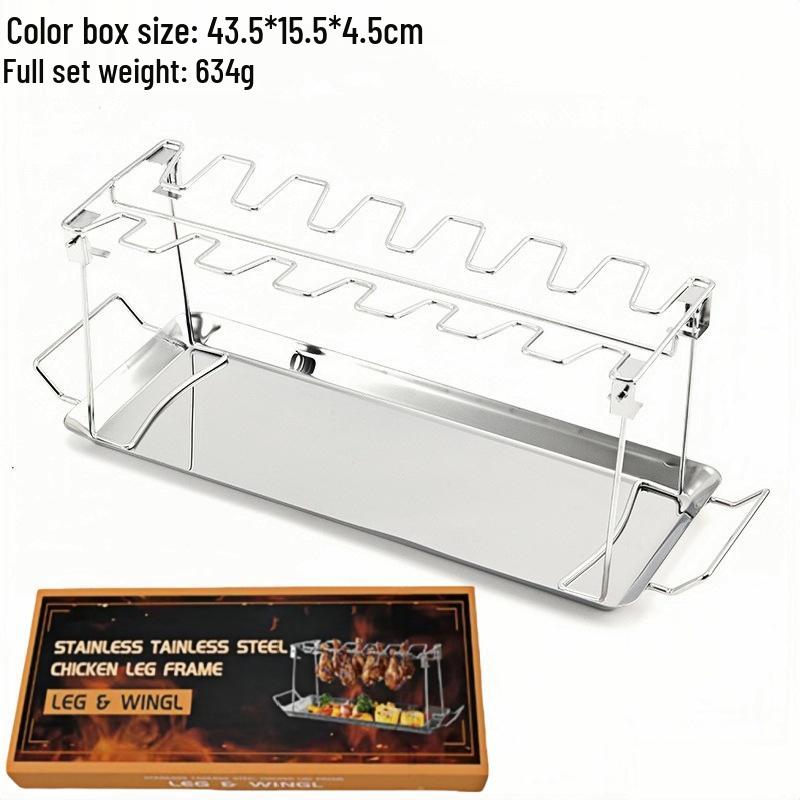 Foldable Stainless Steel BBQ Chicken Leg Rack with 14 Slots and Base Tray