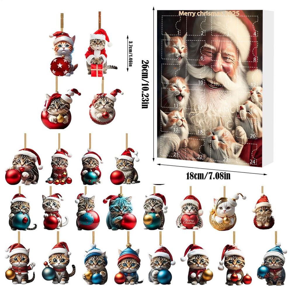 2D Acrylic Cat Christmas Ornaments Advent Calendar with Hanging String, 24-Day Countdown Calendar Kitten Charm for Tree Decor