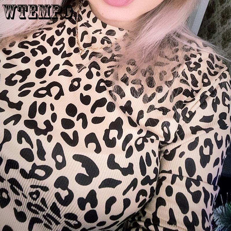 WTEMPO Leopard Print T-Shirts Women Long Sleeve Spring Fall Slim Korean Blouses Female All-match Casual O-Neck Tops