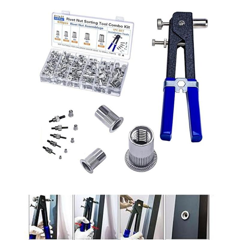 430Pcs 3/4/5/6/8mm Pressure Rivet Nut Tool Kits Flat Head Threaded Rivet Nut Assortment with Rivet Nut Installer